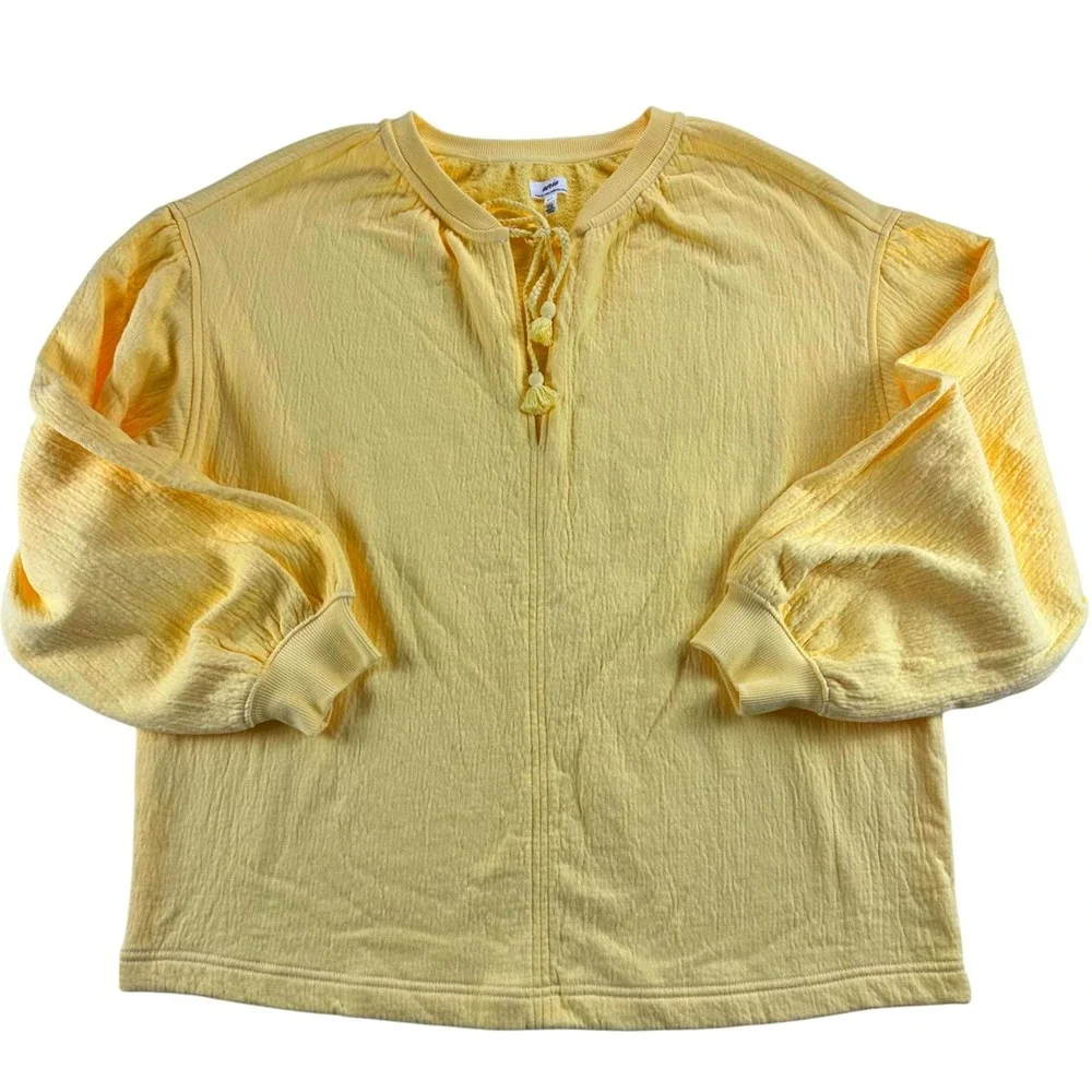 Aerie Easy Street Yellow Crinkle French Terry Split Neck Tassel Sweatshirt Small